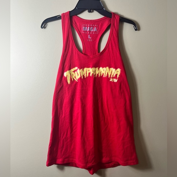 TRUMPMANIA Red Cotton Racerback Graphic Tank Top Size Large Patriotic Trump - Picture 2 of 5